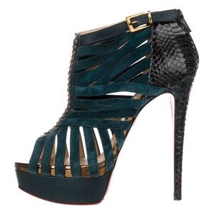 Rare Christian Louboutin Karina 150 python dark teal suede caged booties 39